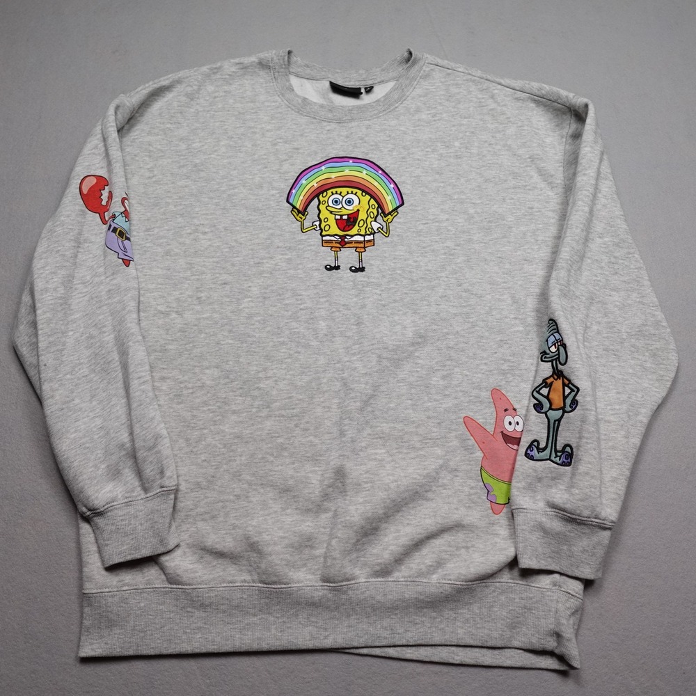 Nickelodeon Sweatshirt Mens Large Gray SpongeBob Patrick Squidward Crew